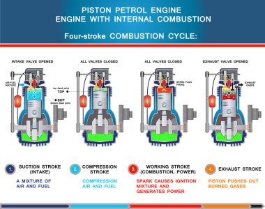 Piston benzin motoru, temel eğitim tasarımında yapısal kesit, dört grev yanma döngüsü