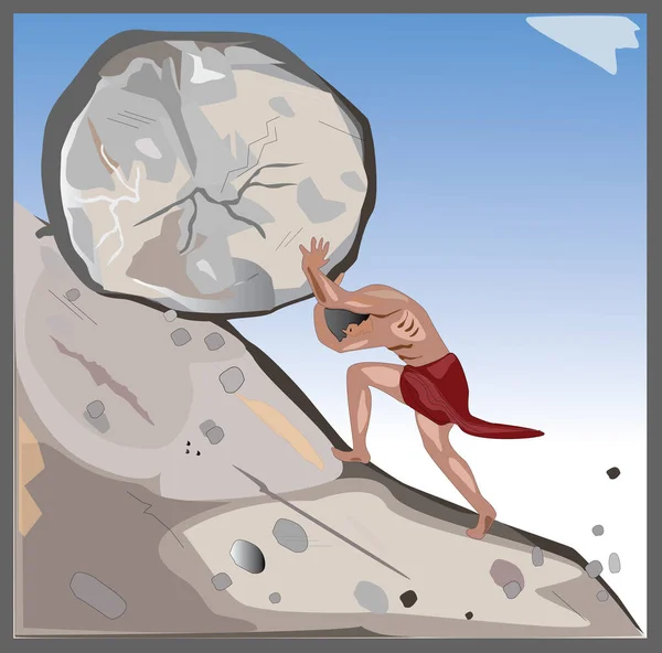 Sisyphus Muscular Mythical Man Pushes Large Rock Big Stone Uphill — Stock Vector