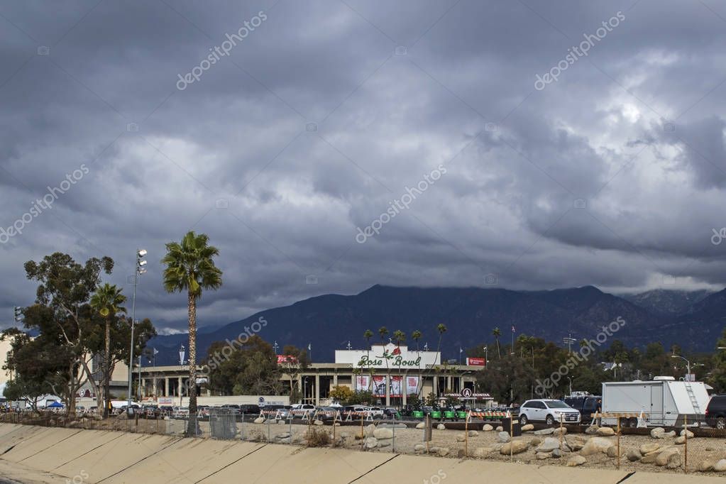 Pasadena, California, USA--December 30,2016. The Rose Bowl in between a winter storm during preparations for the 2017 Rose Bowl. The usual January 1 College Bowl Game this year will be played on Monday January 2, 2017 due to never on a Sunday policy.