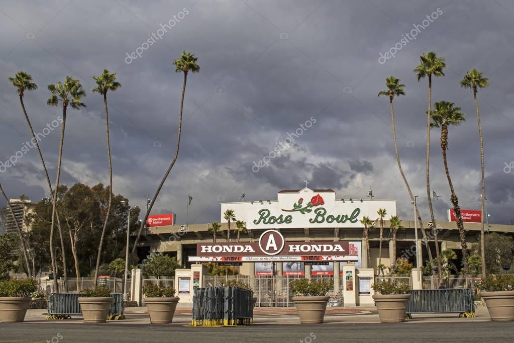 Pasadena, California, USA--December 30,2016. The Rose Bowl in between a winter storm during preparations for the 2017 Rose Bowl. The usual January 1 College Bowl Game this year will be played on Monday January 2, 2017 due to never on a Sunday policy.