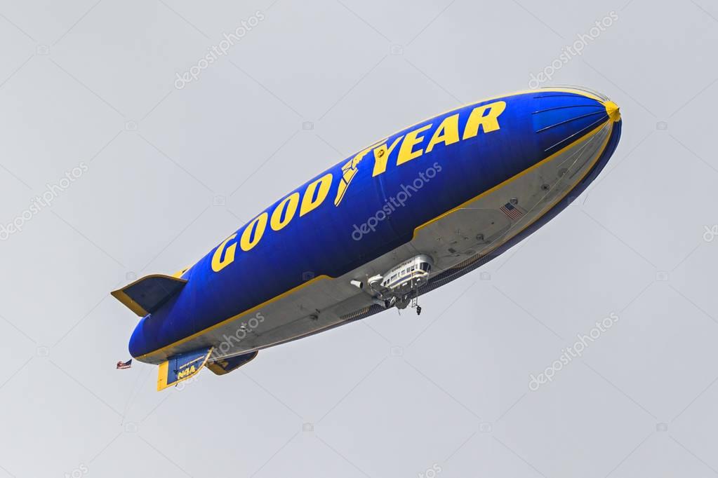 Pasadena,California,USA-January 2,2017. Good Year Blimp fly-over at start of 2017 Rose Bowl Football Game in Pasadena,California. The Good Year Blimp annually performs a fly-over during the National Anthem at the Rose Bowl Game.