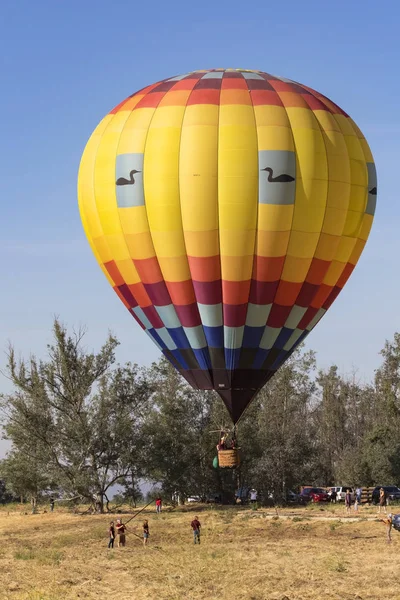 Balão voando sobre vinhas de uva e adega no Hot Air Balloon Festival, na Califórnia — Fotografia de Stock