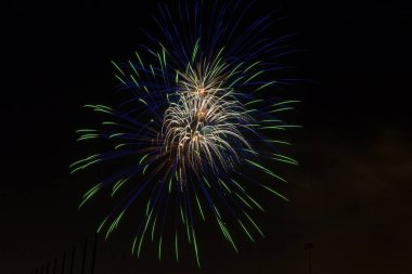 Dört Temmuz kutlama sırasında California karanlık gece gökyüzünde havai fişek renkli patlama