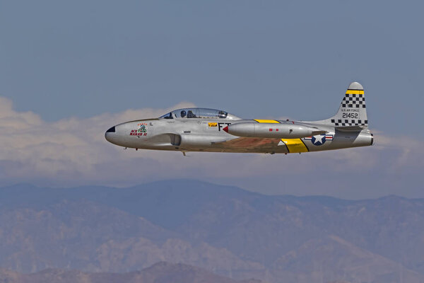 Airplanes Korean War jets flying at Los Angeles Air Show. Los Angeles, California,USA - March 24,2018. The 2018 Los Angeles Air Show features military and civilian air acts performing for 2 days.