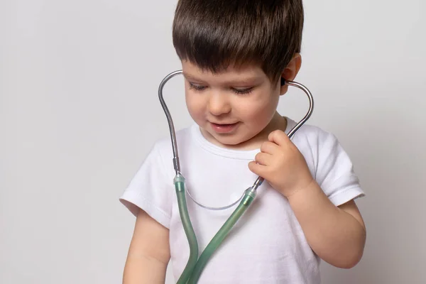Little Kid Boy White Shirt Medical Stethoscope — Stock Photo, Image