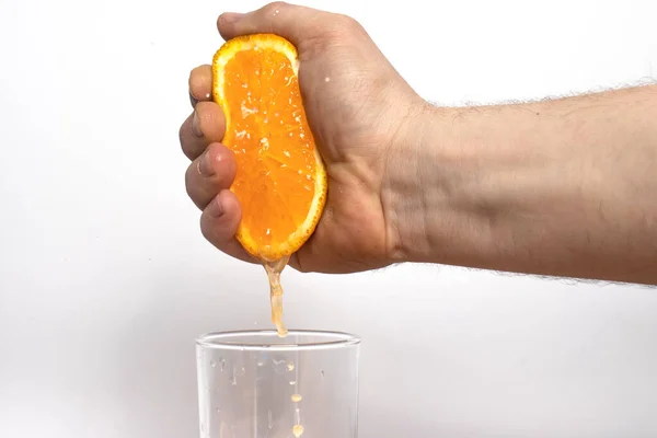 Man Squeezes Juice Juicy Ripe Orange Male Hand Presses Orange — Stock Photo, Image