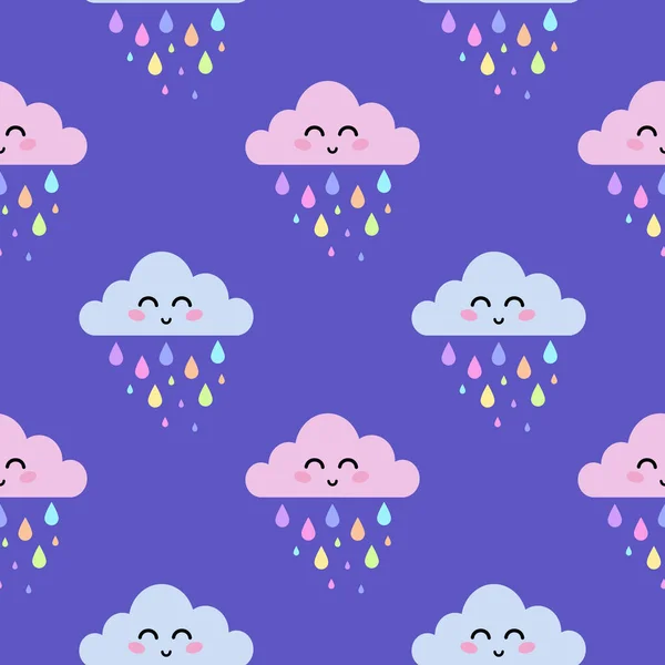 Sevimli çizgi film yüzü bulutsuz desenli renkli yağmur damlaları.