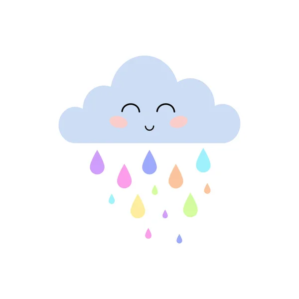 Linda cara de dibujos animados nube con gotas de lluvia de colores. Ilustración vectorial — Vector de stock