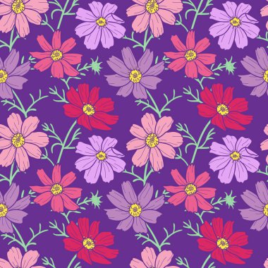 Pembe ve mor kozmos çiçekleri mor arkaplanda pürüzsüz desen