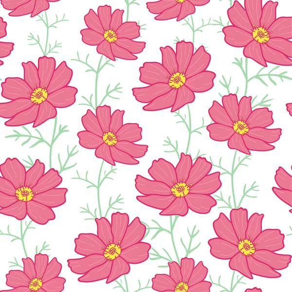 Pembe kozmos çiçekleri, beyaz arkaplanda dalları olan kusursuz desenler.