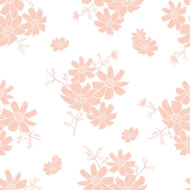Şeftali rengi çiçekli siluet vektörler beyaz karın boşluğunda kusursuz desenler oluşturuyor. Bahar ve yaz duvar kağıtları, arka planlar, davetiyeler, ambalaj tasarım projeleri için harika. Yüzey deseni tasarımı.