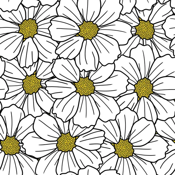 Kapalı çiçek üst üste binen vektörsüz desen. Beyaz kozmos çiçeği. Bahar ve yaz duvar kağıtları, arka planlar, davetiyeler, ambalaj tasarım projeleri için harika.