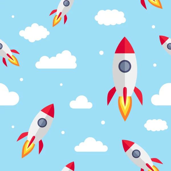 Mavi gökyüzü vektöründe bulutlu pürüzsüz roket deseni.