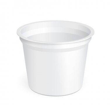 Tatlı, yoğurt, dondurma, ekşi doğru Sream veya aperatif için beyaz Kupası küvet gıda plastik konteyner açıktır. İllüstrasyon izole beyaz arka plan üzerinde. Şablon hazır tasarımınız için alay. Vektör Eps10