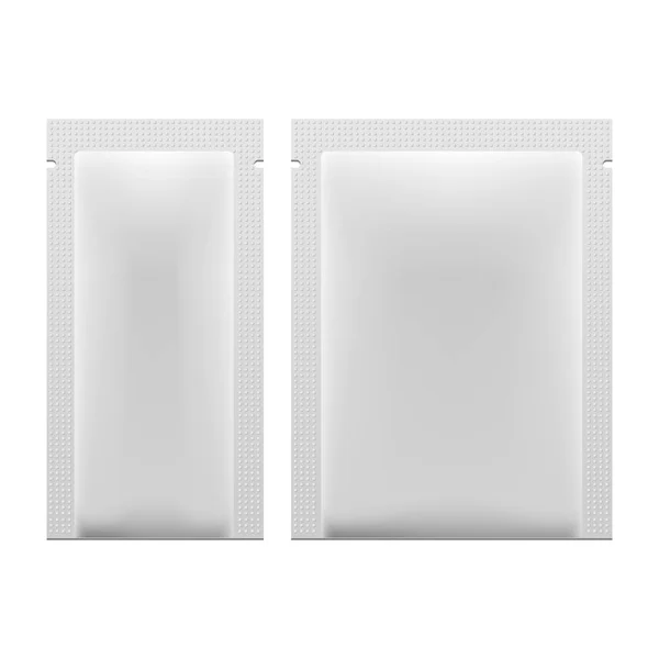 White Blank Retort Foil Packaging Medicinas o café, sal, azúcar, pimienta, especias, sobre, dulces, caramelos o condón. Plantilla aislada Mock Up lista para su diseño. Producto Embalaje Vector EPS10 — Vector de stock