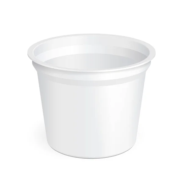 Λευκό φλιτζάνι μπανιέρα άνοιγμα πλαστικό δοχείο τροφίμων για επιδόρπιο, γιαούρτι, παγωτό, ξινή γυμναστηριο.η ή σνακ. Εικονογράφηση που απομονώνονται σε λευκό φόντο. Mock Up έτοιμο πρότυπο για το σχεδιασμό σας. Διάνυσμα Eps10 — Διανυσματικό Αρχείο