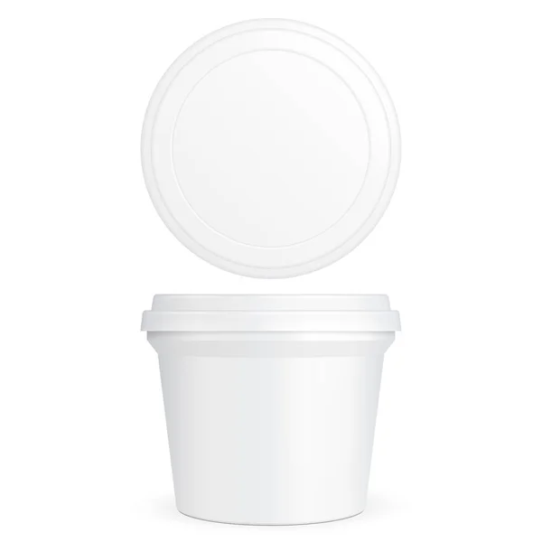 Witte voedsel kunststof kuip emmer Container voor Dessert, yoghurt, ijs, zure room of Snack. Illustratie geïsoleerd op een witte achtergrond. Mock Up sjabloon klaar voor uw ontwerp. Product verpakking — Stockvector