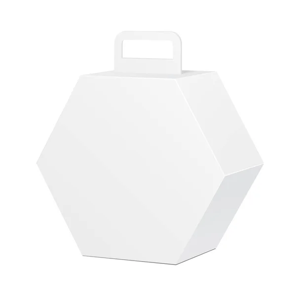 Bílá kartonová šestiúhelník Carry krabicové balení taška s rukojetí pro potraviny, dárky a jiné produkty. Na bílém pozadí, samostatný. Připraven pro váš návrh. Eps10 vektor balení produktu — Stockový vektor