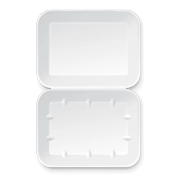 Bílé prázdné prázdné plastové potravinářské zásobník nápisem Styrofoam. Ilustrace izolované na bílém pozadí. Vysmívat se šablony připravené pro svůj Design. Vektorové Eps10 — Stockový vektor