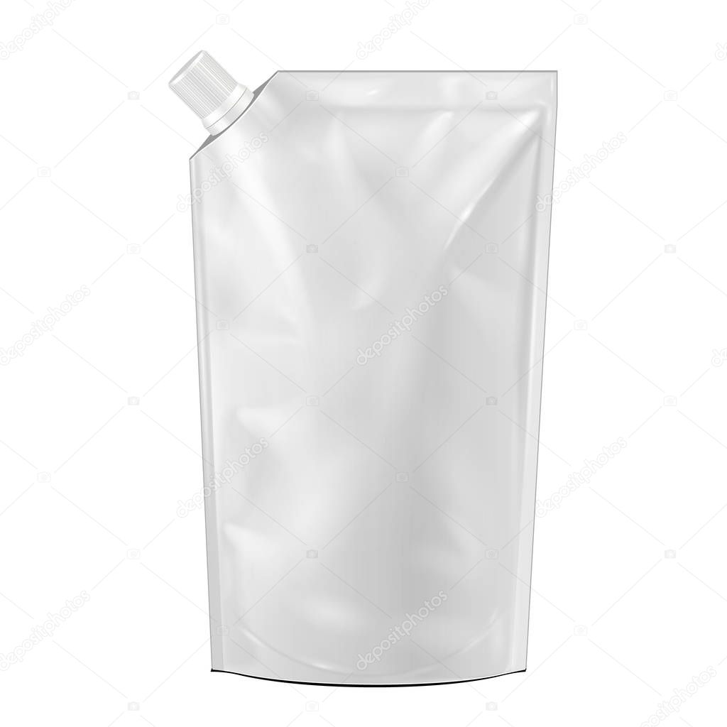White Blank Doy-pack, Doypack Foil Food Or Drink Bag Packaging With Spout Lid. Illustration Isolated On White Background. Mock Up Template Ready For Your Design. Product Packing Vector EPS10