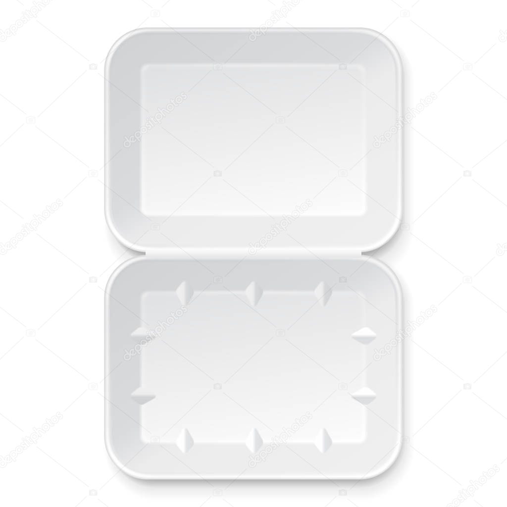 White Empty Blank Styrofoam Plastic Food Tray Container. Illustration Isolated On White Background. Mock Up Template Ready For Your Design. Vector EPS10