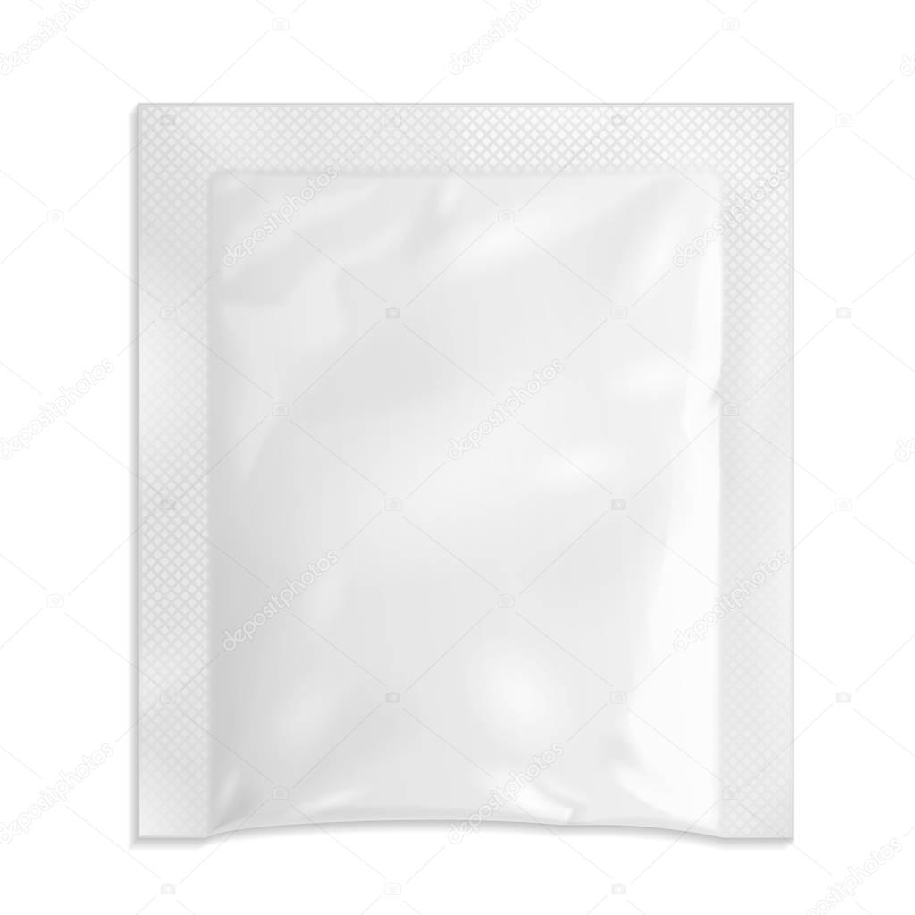 White Blank Retort Foil Pouch Packaging Medicine Drugs Or Coffee, Salt, Sugar, Pepper, Spices, Sachet, Sweets Or Condom. Isolated Mock Up Template Ready For Your Design. Product Packing Vector EPS10