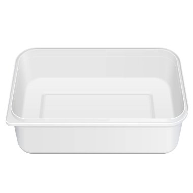 Beyaz Boş Stil Köpük Plastik Yemek Tabağı Kutusu Açıldı, Kapak. Beyaz arka planda izole edilmiş bir resim. Tasarımınız için şablonu hazırlayın. Vektör EPS10