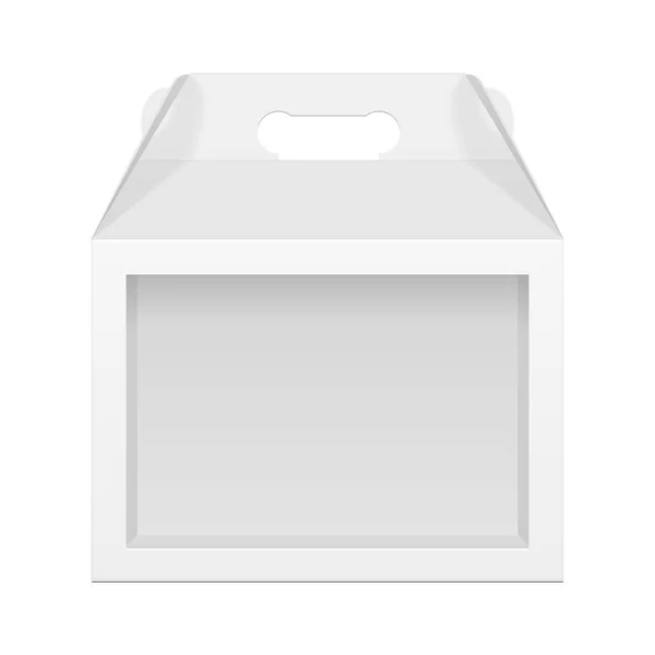 Gıda, Hediyelik veya diğer ürünler için beyaz karton taşımak kutu ambalaj pencere. Beyaz arka plan üzerinde izole. Yukarı, Mockup şablon hazır tasarımınız için alay. Vektör Eps10 — Stok Vektör