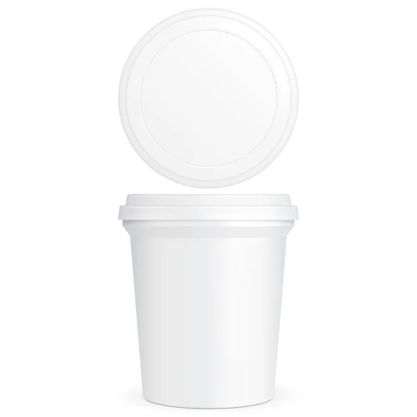 Bílá plastová vana kbelík misku dezert, jogurt, zmrzlina, zakysané smetany nebo svačinu. Ilustrace izolované na bílém pozadí. Vysmívat se šablony připravené pro svůj Design. Balení produktu — Stockový vektor