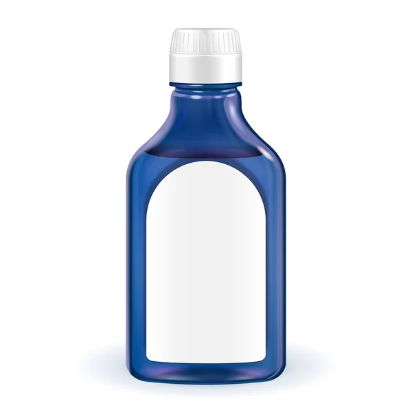 Botella azul del vidrio médico o del alcohol con la etiqueta en el fondo blanco aislado. Plantilla Mock Up listo para su diseño. Producto Embalaje Vector EPS10 — Archivo Imágenes Vectoriales