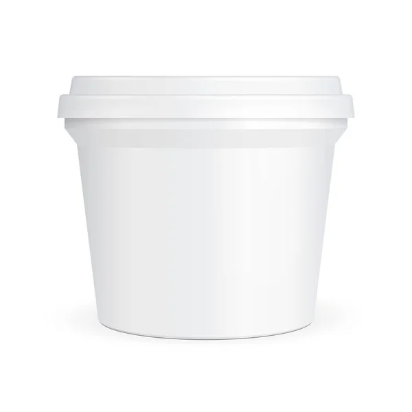 Witte voedsel kunststof kuip emmer Container voor Dessert, yoghurt, ijs, zure room of Snack. Illustratie geïsoleerd op een witte achtergrond. Mock Up sjabloon. Product verpakking Vector — Stockvector