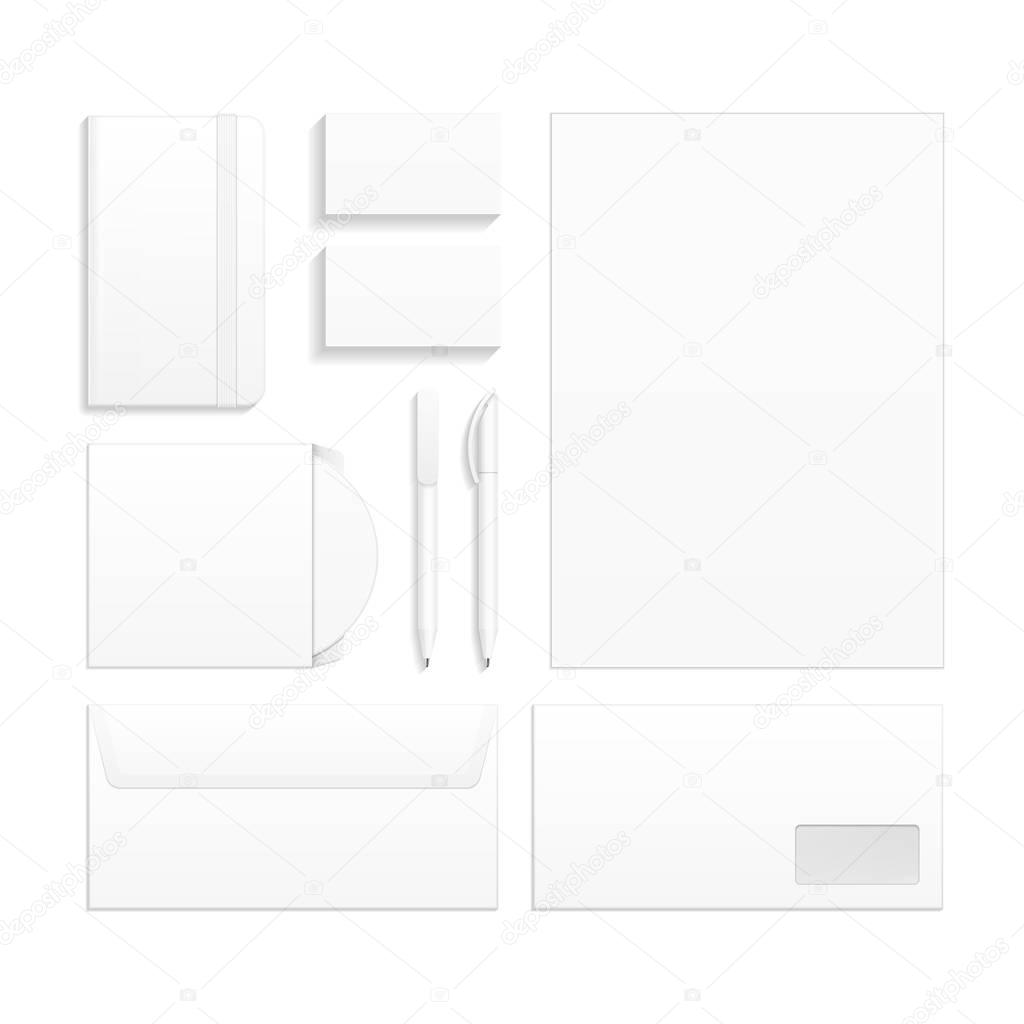 Set Of Corporate Identity And Branding Stationery Templates. Business card, Pen, CD, DVD, Envelope, Notebook. Illustration Isolated On White Background. Mock Up Template Ready For Your Design.
