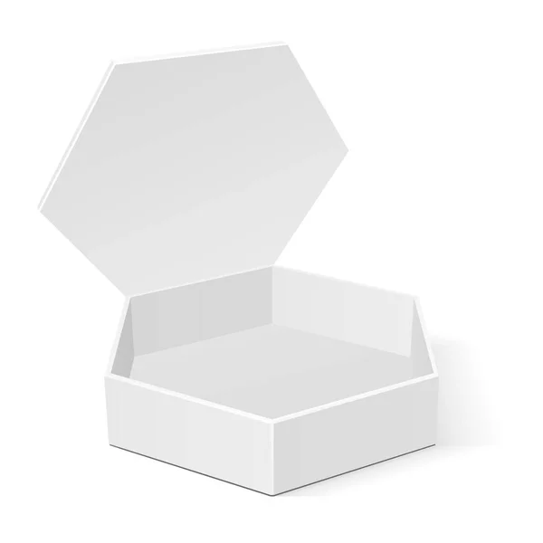 Bílá kartonová šestiúhelník Box obalů pro potraviny, dárky a jiné produkty. Ilustrace izolované na bílém pozadí. Vysmívat se šablony připravené pro váš návrh. Eps10 vektor balení produktu — Stockový vektor