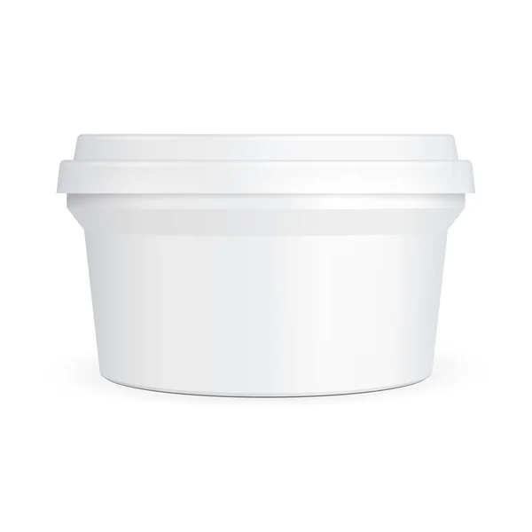 Contenedor de cubo de bañera de plástico de comida blanca para postre, yogur, helado, crema agria o merienda. Ilustración Aislado sobre fondo blanco. Plantilla falsa. Producto Vector de embalaje — Vector de stock