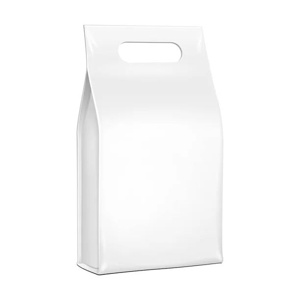 Plástico blanco, papel de aluminio bolsa de comida paquete de café, especias o harina. Escala de grises. Ilustración Aislado en la manija de fondo blanco. Plantilla Mock Up listo para su diseño. Producto Embalaje Vector EPS10 — Vector de stock