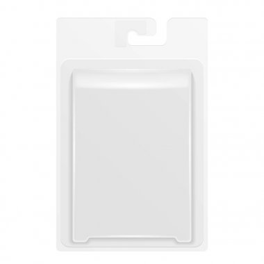 Beyaz ürün paket kutu Blister ile asmak yarık. İllüstrasyon izole beyaz arka plan üzerinde. Şablon hazır tasarımınız için alay. Ürün Ambalaj vektör Eps10