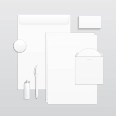 Kurumsal kimlik ve marka kırtasiye Şablonlar kümesi. Kartvizit, kalem, Cd, zarf, defter, çakmak, kutsal kişilerin resmi. Resimde gri arka plan üzerinde. Şablonu alay