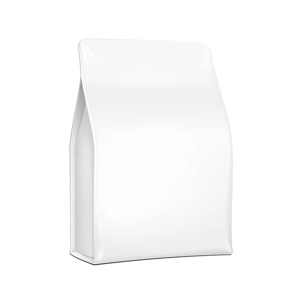 Plástico blanco, papel de aluminio bolsa de comida paquete de café, especias o harina. Escala de grises. Ilustración Aislado sobre fondo blanco. Plantilla Mock Up listo para su diseño. Producto Embalaje Vector EPS10 — Vector de stock