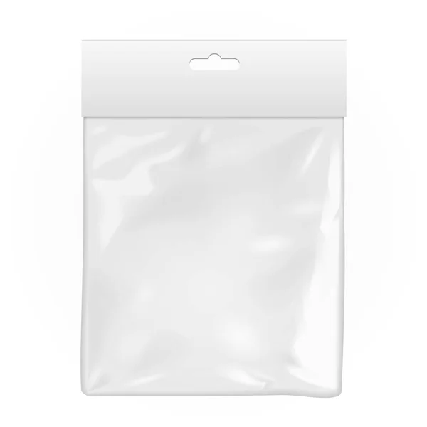 Bolso de bolsillo blanco de plástico en blanco. Transparente. Con Hang Slot. Ilustración Aislado sobre fondo blanco. Plantilla Mock Up listo para su diseño. Vector EPS10 — Archivo Imágenes Vectoriales