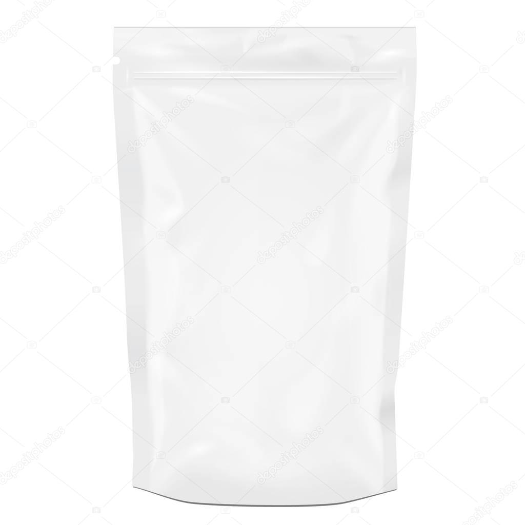 White Blank Foil Food Or Drink Doy pack Bag Packaging. Illustration Isolated On White Background. Mock Up, Mockup Template Ready For Your Design. Vector EPS10