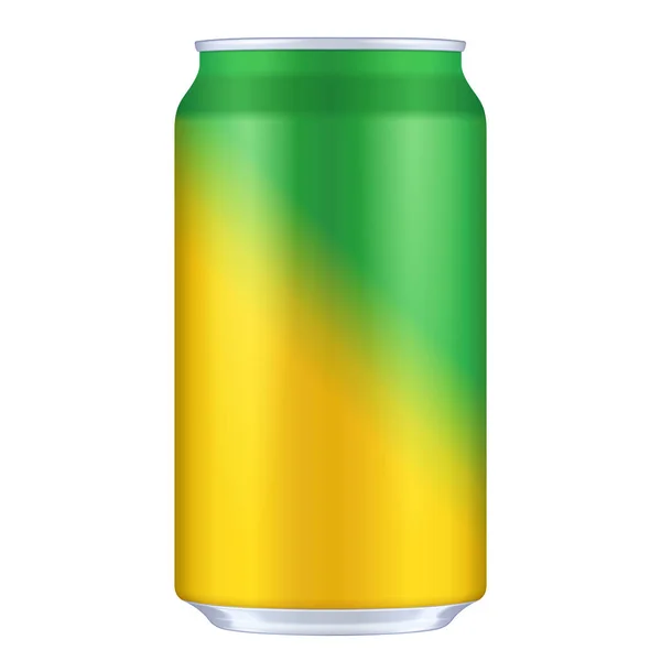 Amarelo, laranja, verde em branco metal alumínio 330ml bebida lata. Ilustração Isolada. Modelo Mock Up pronto para o seu projeto. Vetor EPS10 — Vetor de Stock
