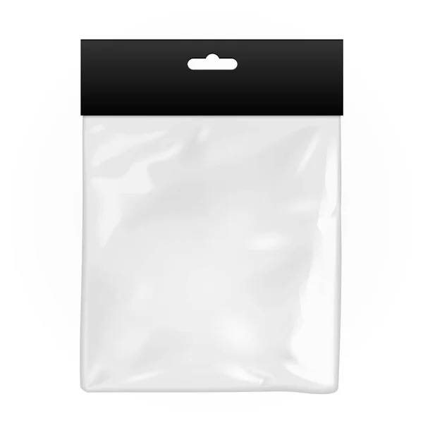 Black Blank Plastic Pocket Bag. Transparent. With Hang Slot. Illustration Isolated On White Background. Mock Up Template Ready For Your Design. Vector EPS10 — Stock Vector