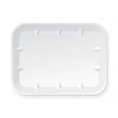 Beyaz boş boş strafor plastik gıda tepsisi konteyner. İllüstrasyon izole beyaz arka plan üzerinde. Şablon hazır tasarımınız için alay. Vektör Eps10