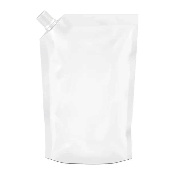Λευκό κενό πακέτο ΔΟΥ, αλουμινόχαρτο Doypack φαγητό ή το ποτό τσάντα συσκευασίας με γωνία στόμιο καπάκι. Εικονογράφηση που απομονώνονται σε λευκό φόντο. Mock Up έτοιμο πρότυπο για το σχεδιασμό σας. Προϊόντος συσκευασία διάνυσμα Eps10 — Διανυσματικό Αρχείο