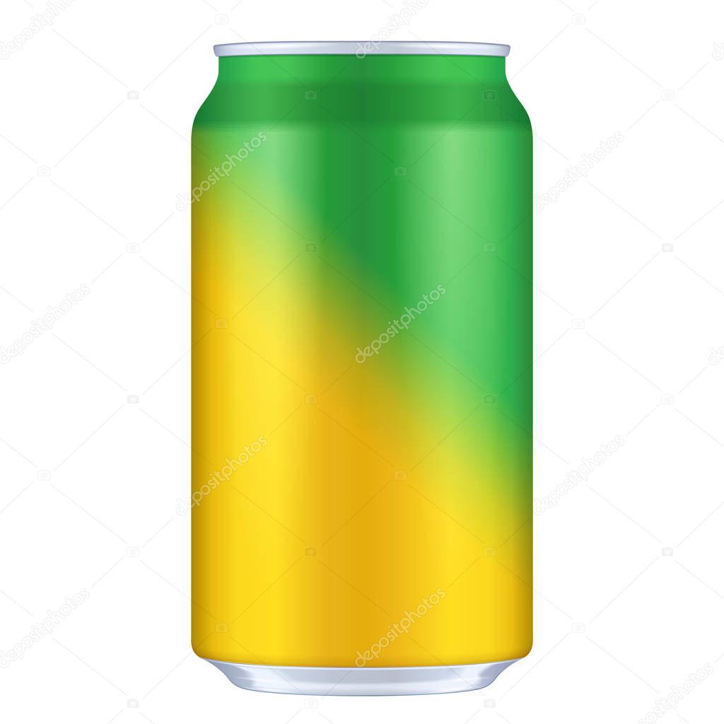 Yellow, Orange, Green Blank Metal Aluminum 330ml Beverage Drink Can. Illustration Isolated. Mock Up Template Ready For Your Design. Vector EPS10