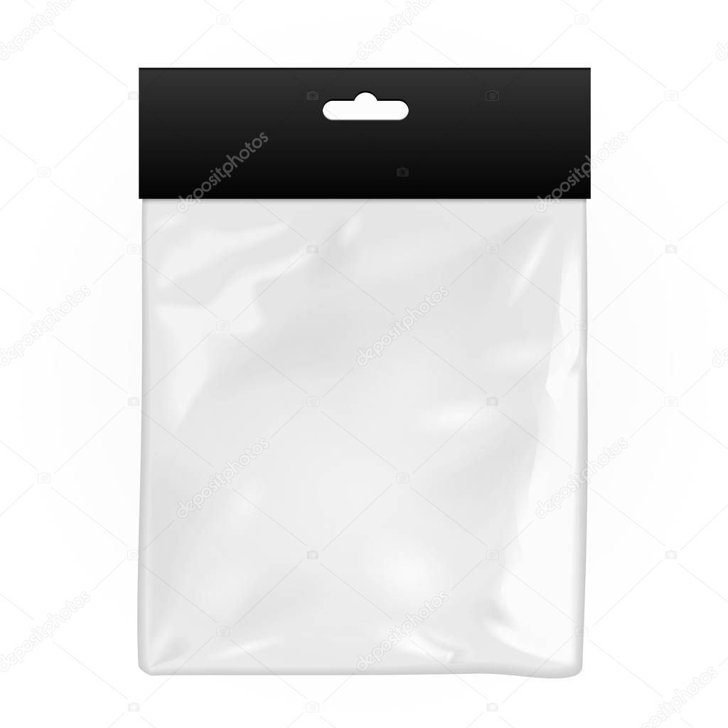 Black Blank Plastic Pocket Bag. Transparent. With Hang Slot. Illustration Isolated On White Background. Mock Up Template Ready For Your Design. Vector EPS10