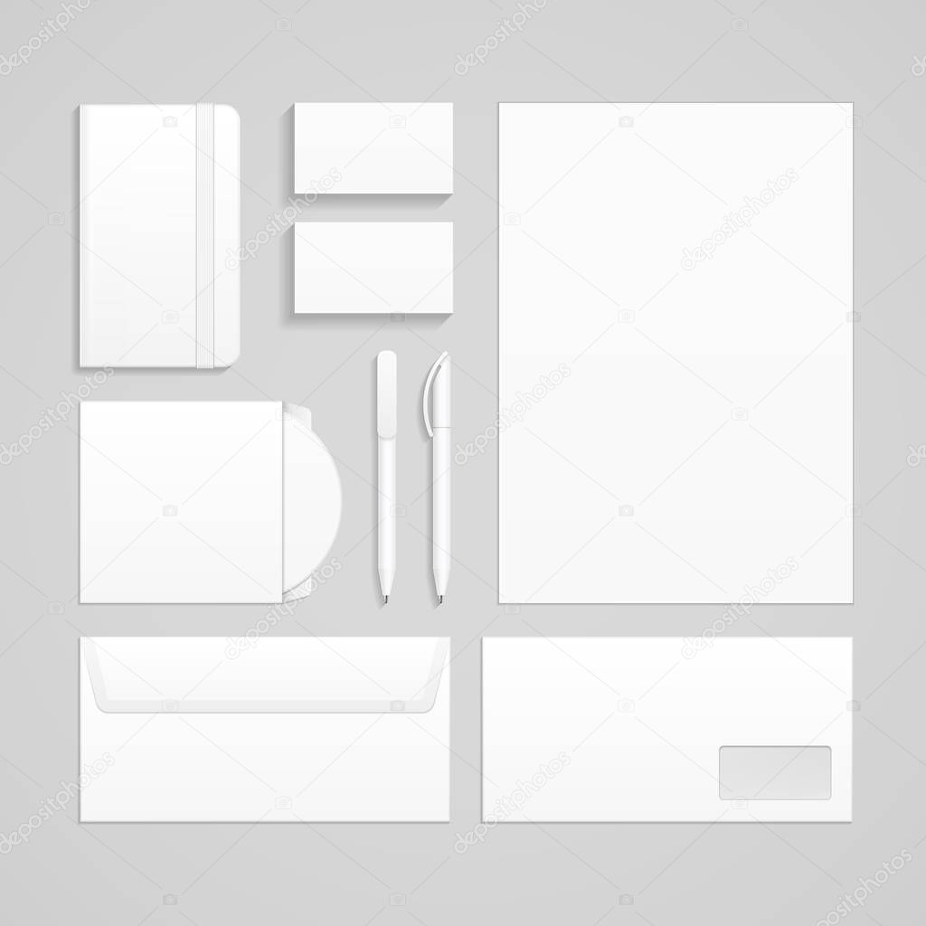 Set Of Corporate Identity And Branding Stationery Templates. Business card, Pen, CD, DVD, Envelope, Notebook. Illustration Isolated On Gray Background. Mock Up Template For Your Design. Vector