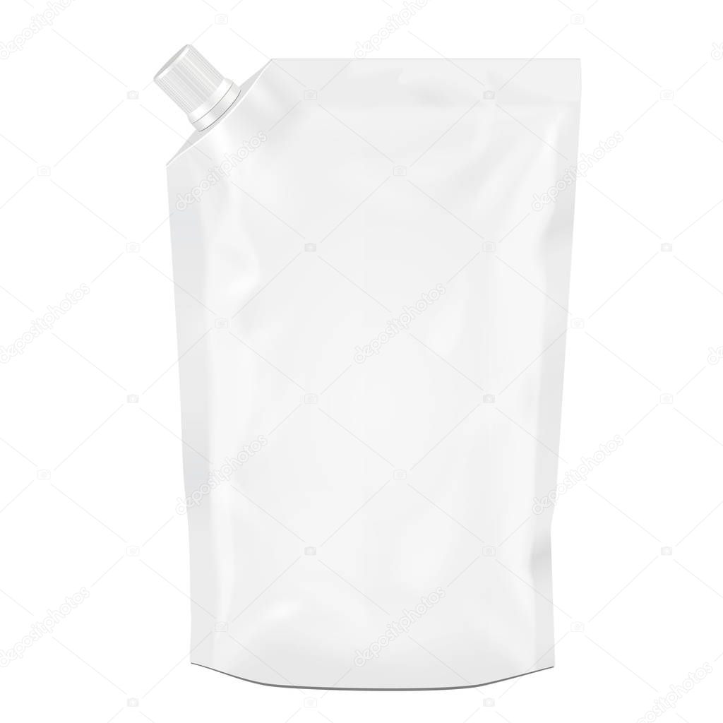 White Blank Doy Pack, Doypack Foil Food Or Drink Bag Packaging With Corner Spout Lid. Illustration Isolated On White Background. Mock Up Template Ready For Your Design. Product Packing Vector EPS10