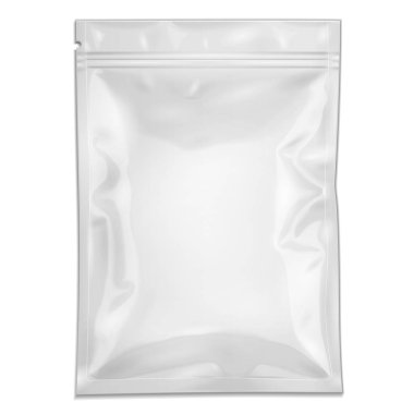 Beyaz boş dolgulu imbik folyo kese torba ambalaj ile fermuar. Tıp uyuşturucu ya da gıda ürün. İllüstrasyon izole beyaz arka plan üzerinde. Şablon hazır tasarımınız için alay. Vektör Eps10