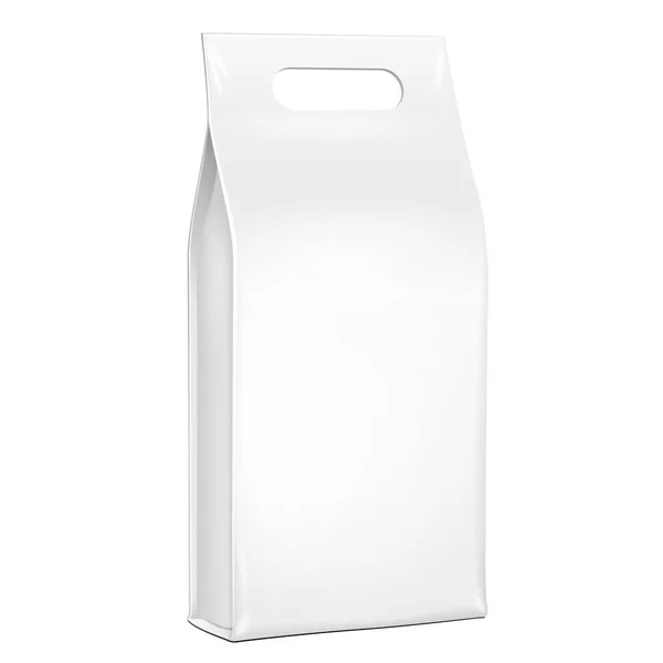 Plastique blanc, papier d'aluminium sac alimentaire paquet de café, épices ou farine. Niveaux de gris. Illustration Isolé sur fond blanc Poignée. Modèle maquillé prêt pour votre conception. Vecteur d'emballage des produits EPS10 — Image vectorielle